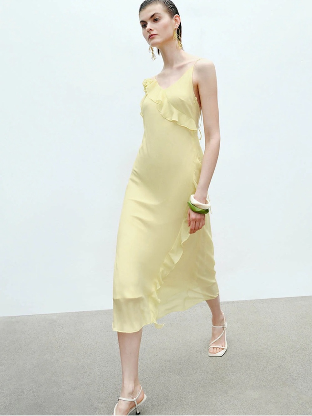 Pale Yellow Ruffle Midi Slip Dress